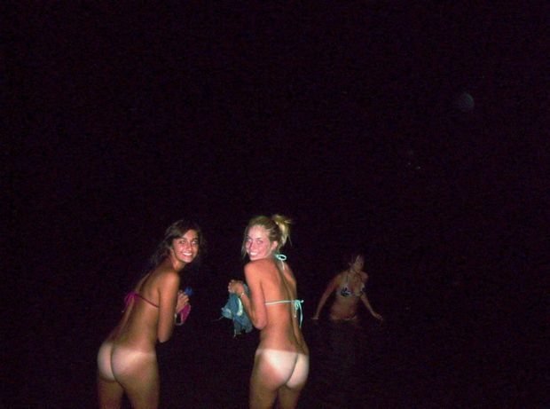 Group of bottomless bikini babes go semi-skinny-dipping at midnight!