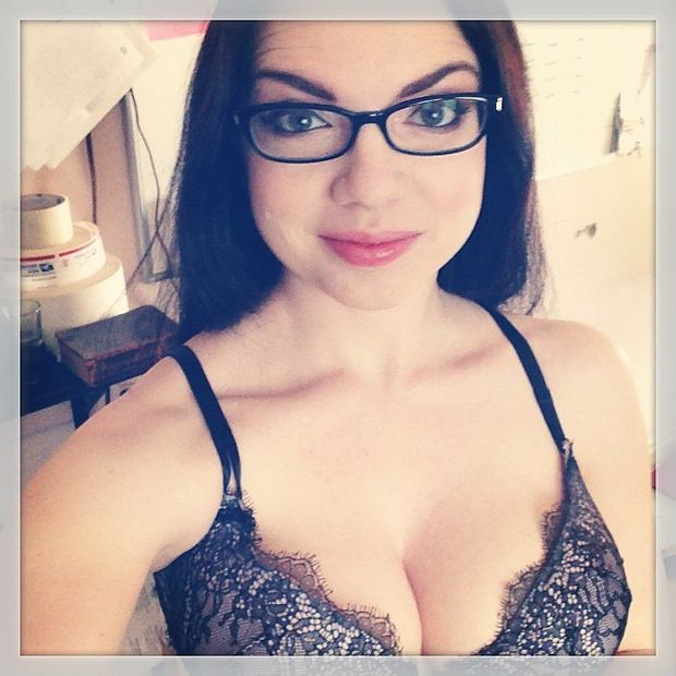 Sarah Hunter in bra and glasses