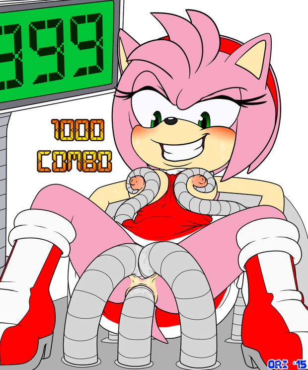 amy_rose anal anal_sex anthro double_vaginal english_text female leaning leaning_back metal_tentacles orichalcum_(artist) penetration smile solo sonic_(series) text vaginal_penetration vaginal_penetration