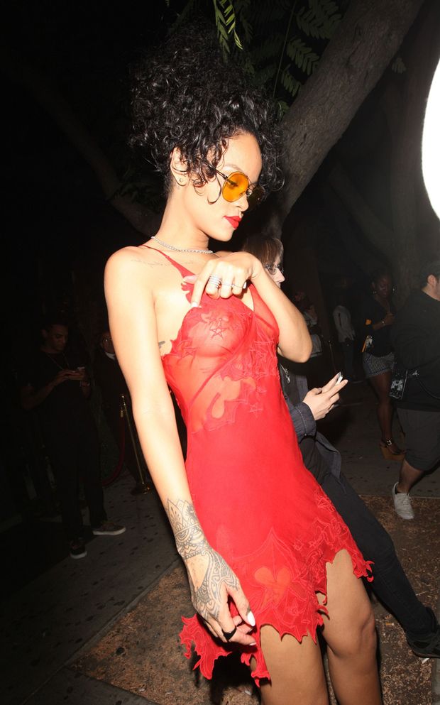 Rihanna in See Through Red Dress