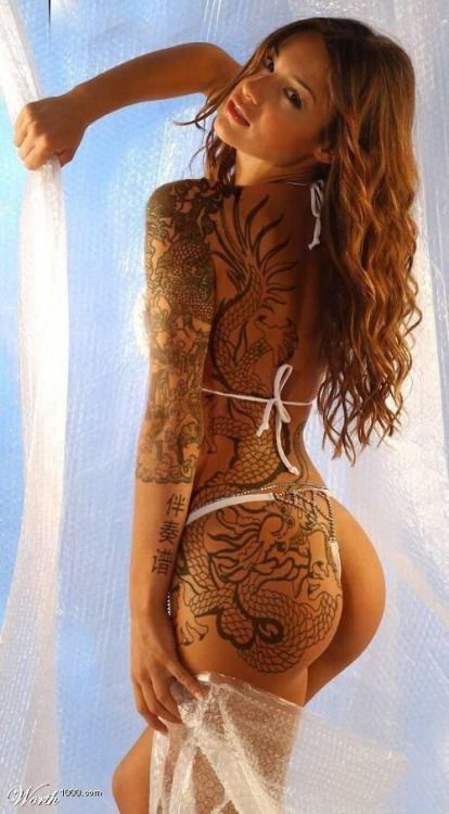 Retro babe with dragons tattoos on her nude ass very porn