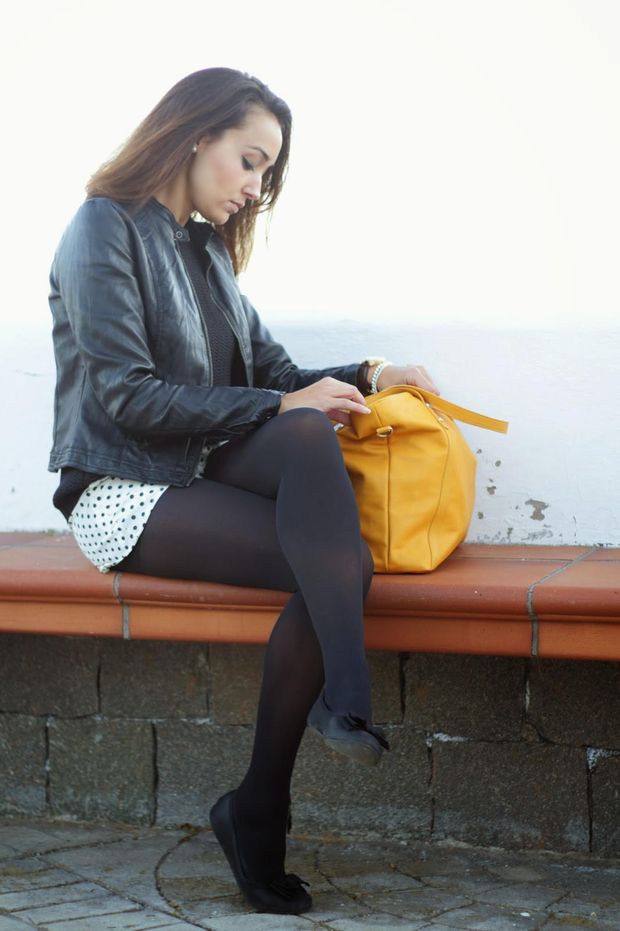 Candid woman in opaque tights