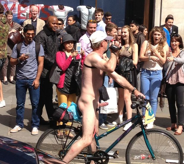 Guy in WNBR gets a reaction from his erection