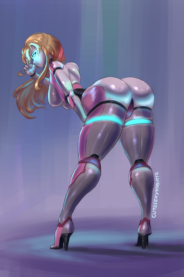 arched_back ass bent_over blonde_hair blue_eyes cutesexyrobutts glowing_eyes large_ass