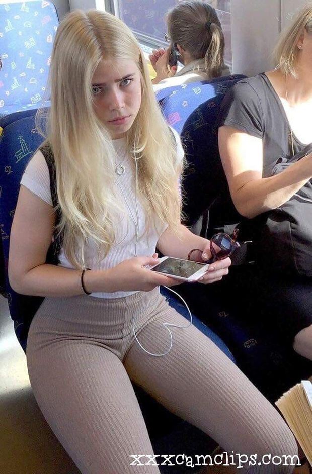 Sexy blonde with cameltoe on public