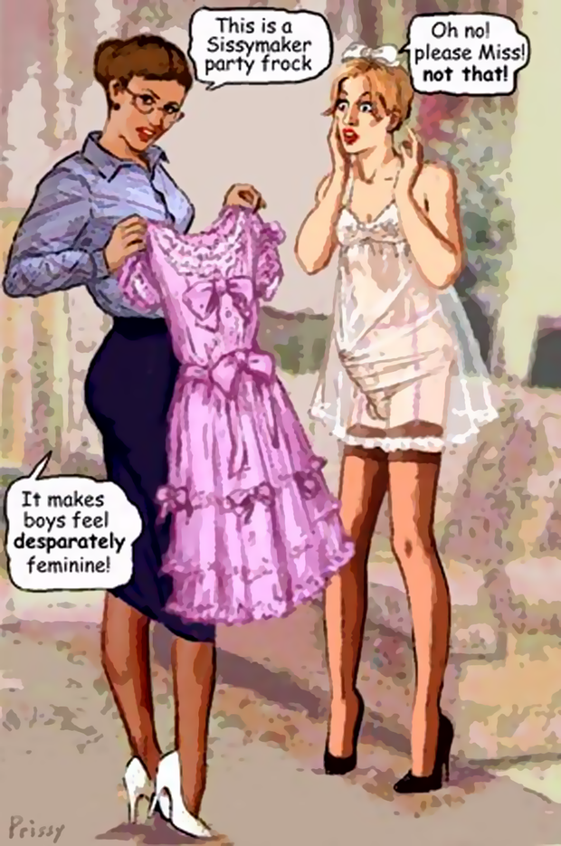 Mistress feminizing sissy with a pink dress