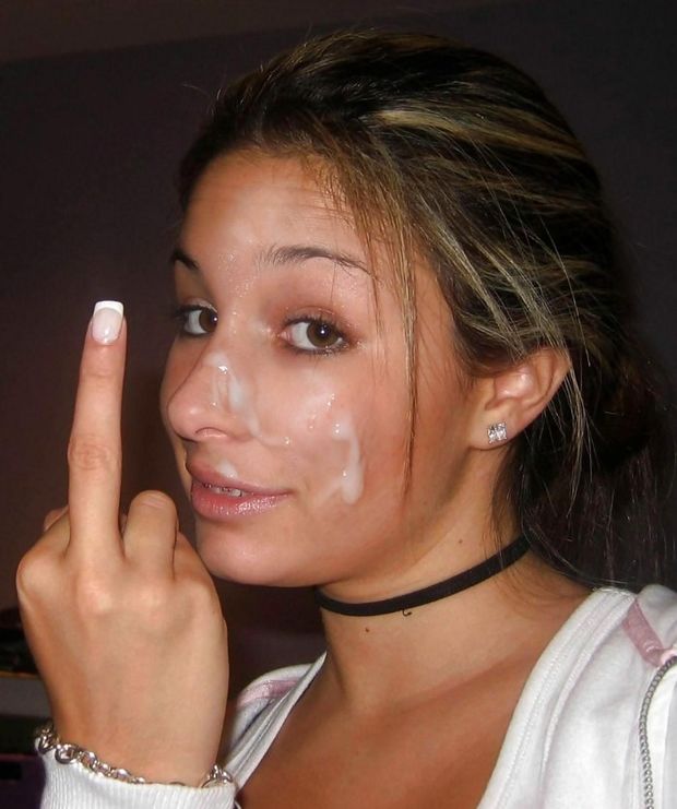 Teen with cum on face shows middle finger