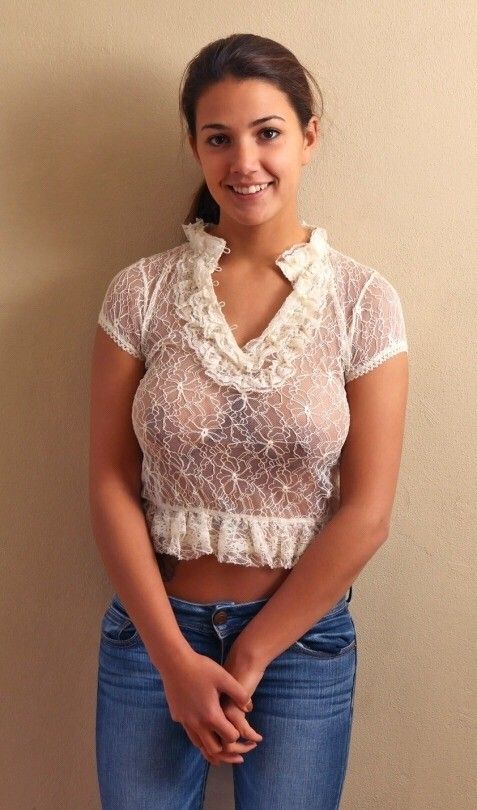 Cute innocent brunette see thru shirt