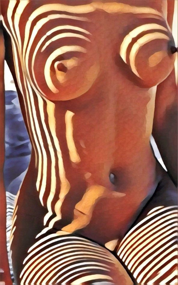 nude sun bathing with shadows cast on contours of body