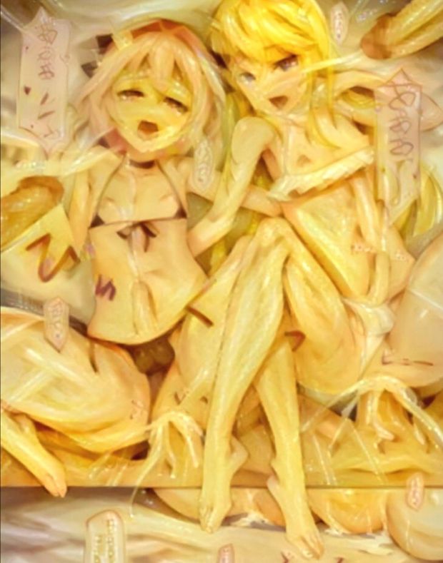 Spaghetti fembois filled and covered in cum.