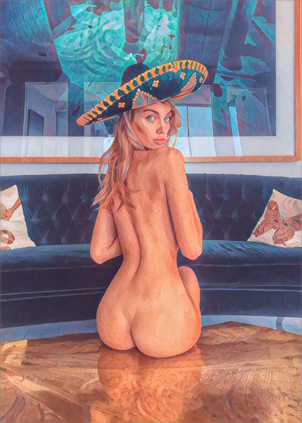 Nude art babe with sombrero