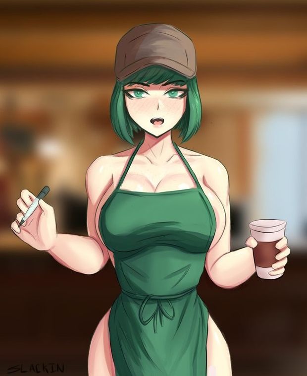 Nude barista wearing apron