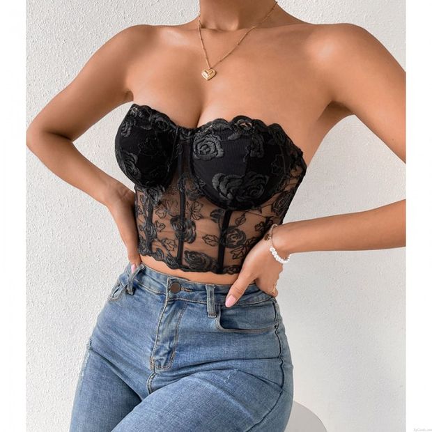 Sexy Fleur Rose Dentelle Broderie Maille Sans Fil Wrap Soutien-Gorge Gilet Crop Top Dos Nu À Armatures Camisole Bustier Lingerie