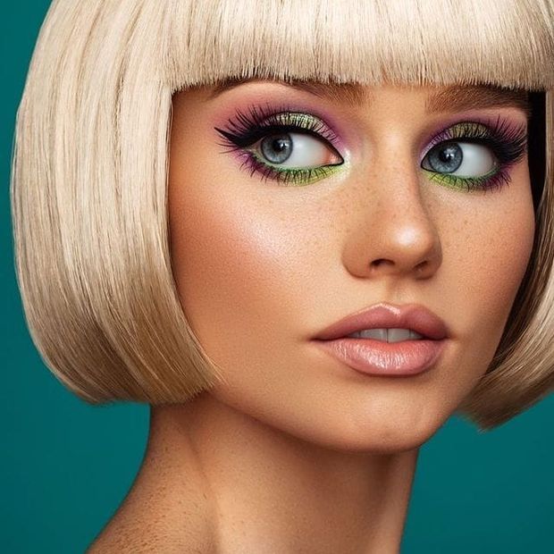 Sexy blonde bob with dramatic makeup