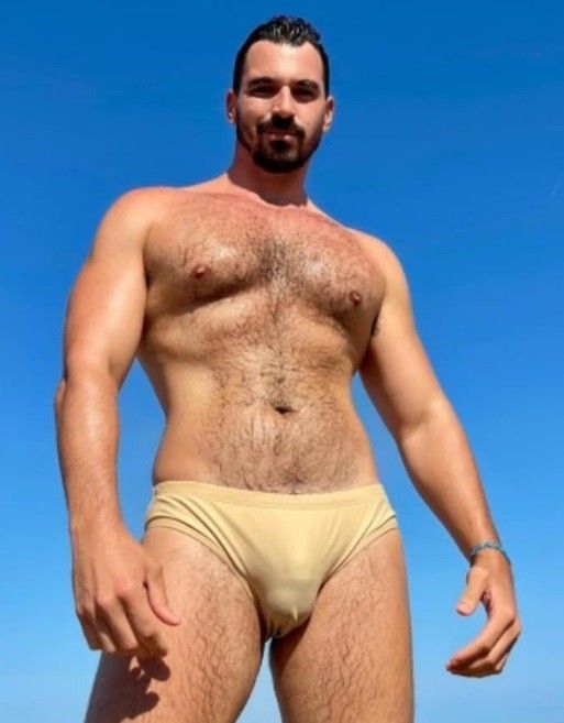 hairy chest bulge beach