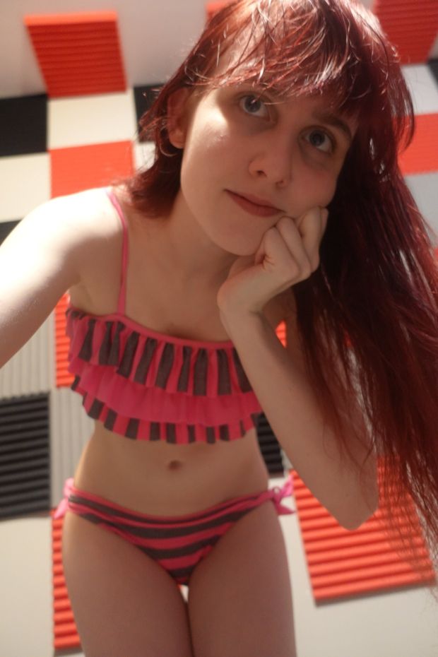 Cute, Small Egirl In Adorable Pink, Frilly, Striped Bikini (MagicalMysticVA)