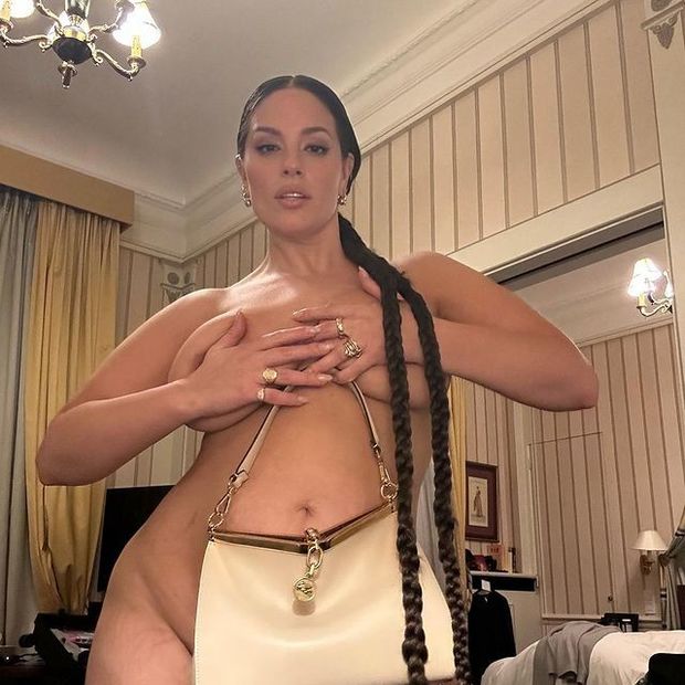 Ashley Graham posing with handbra and purse