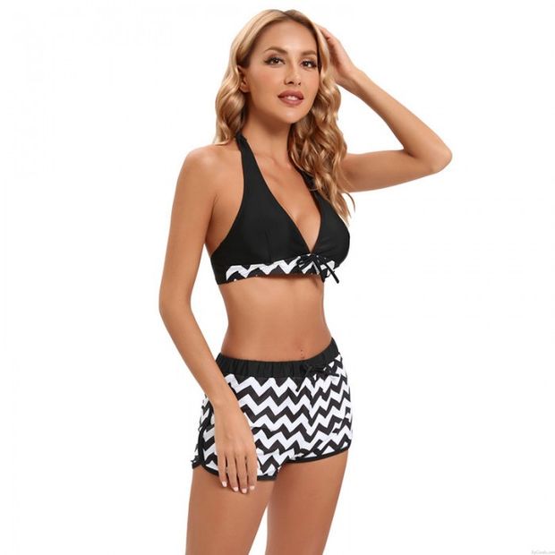 Sexy Welle Streifen Shorts BH Zweiteiliges Set Dreieck Neckholder Bikini Strand Sommer Bademode Damen Badeanzug Badeanzug