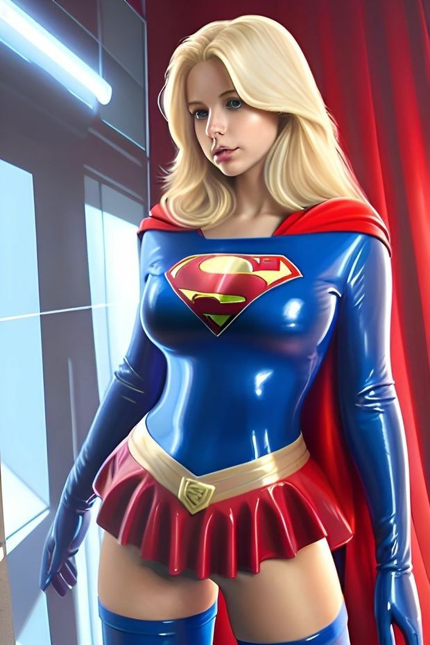 Cute blonde blue & red latex Supergirl cosplay...