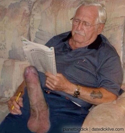 Old man solving word puzzle with photoshopped giant cock