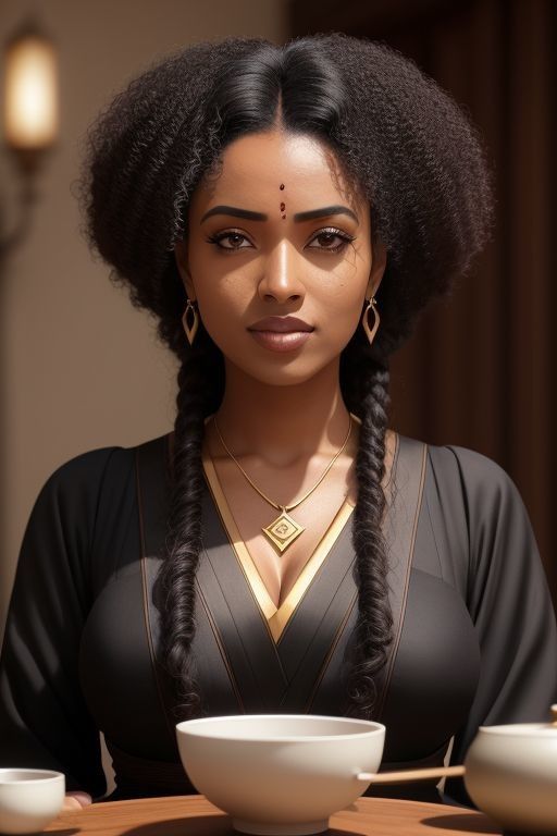 Busty eritrean woman, early 20s, curly hair, wearing black traditional attire, in a tea ceremony, incense smoke, close up