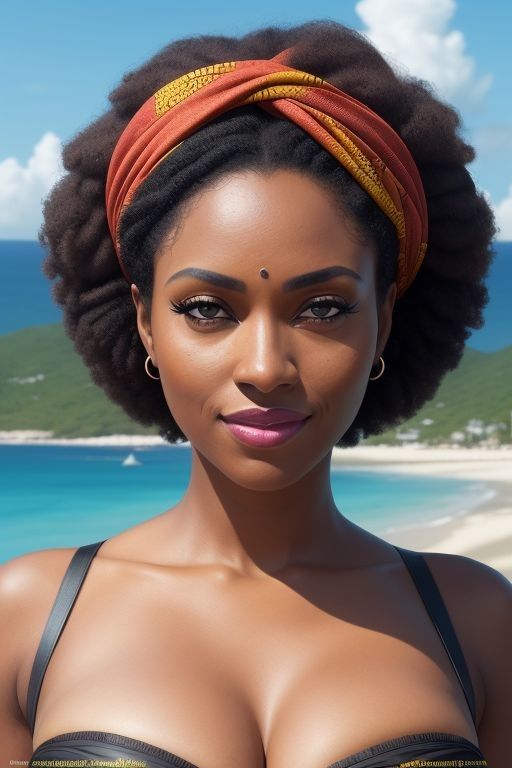 Busty caribbean woman in black, natural curly hair, round shaped brown eyes, dimpled smile, wearing a bold kitenge head wrap